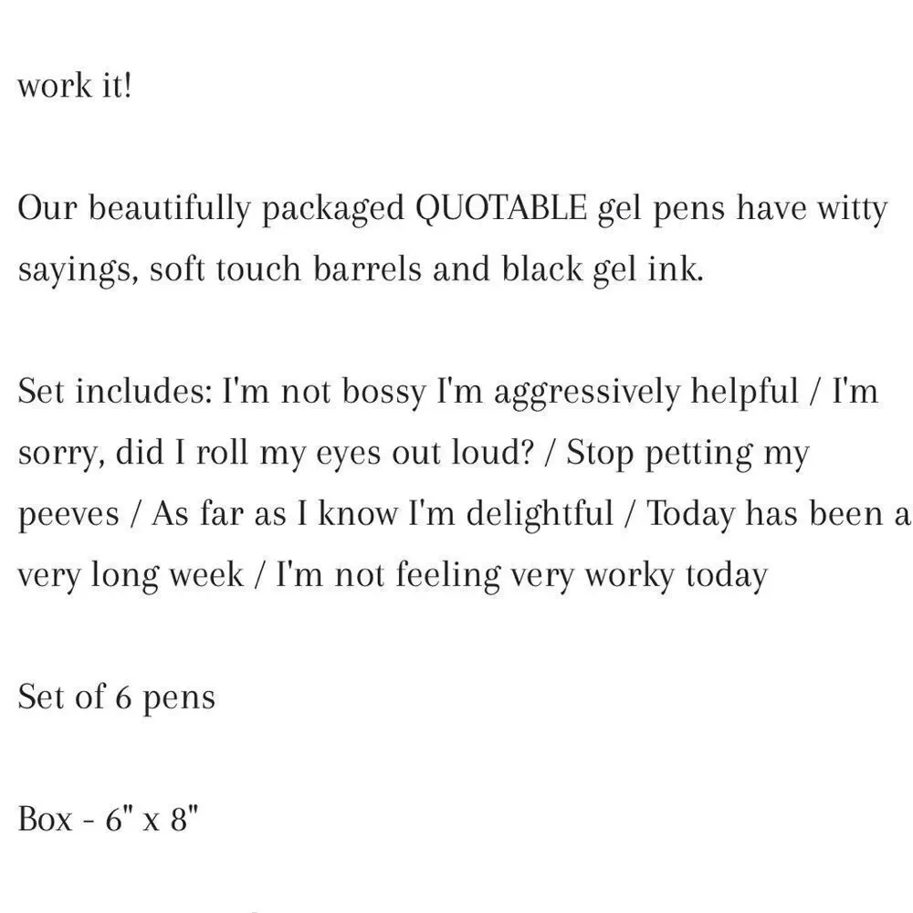 NOB Worklife Set of 6 Black Gel Pens with Humorous Quotes